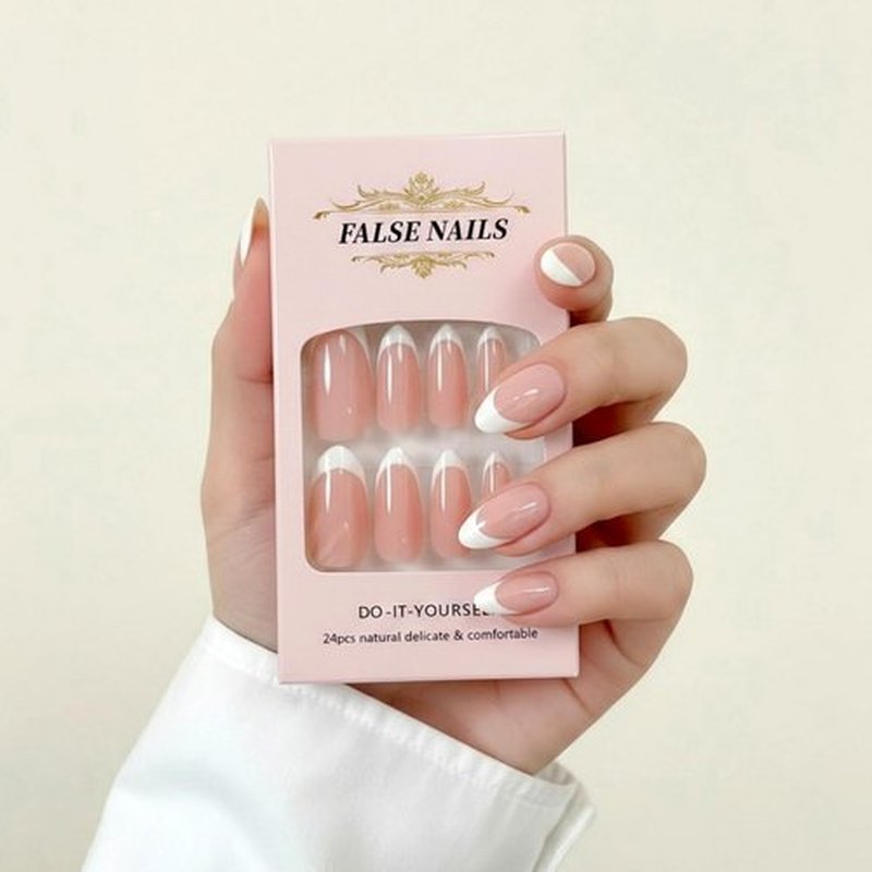LUKEKI Press On Nails Almond French Tip, Glue On Nails for Women Gift, Supremely Fit Natural Reusable Stick On Nails in 12 Sizes -24 Fake Nails Kit, White French