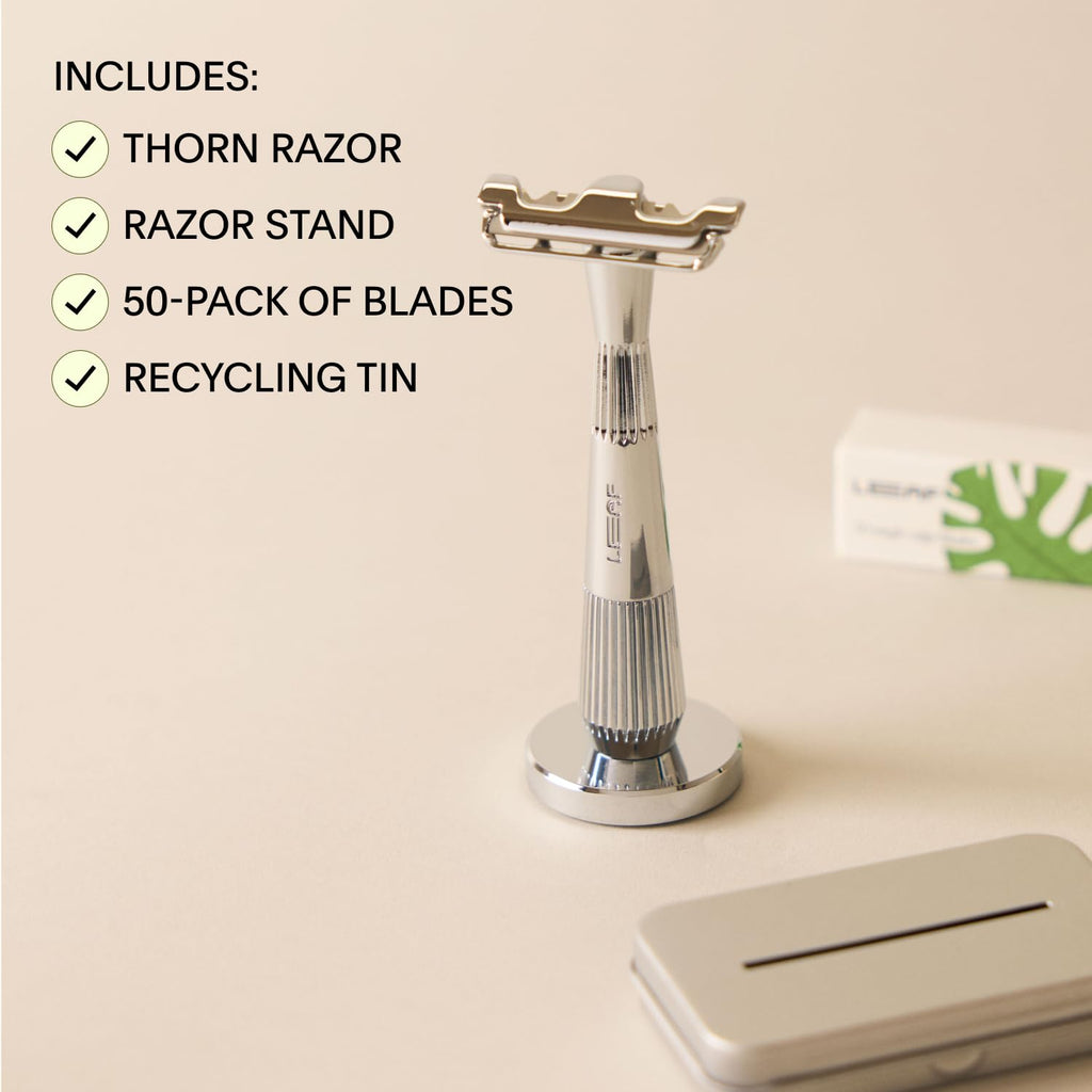 Leaf Shave | The Thorn Razor Set, Mercury - Includes Thorn Razor, Matching Stand, 50-Pack of Single-Edge Blade Refills, and Blade Bank