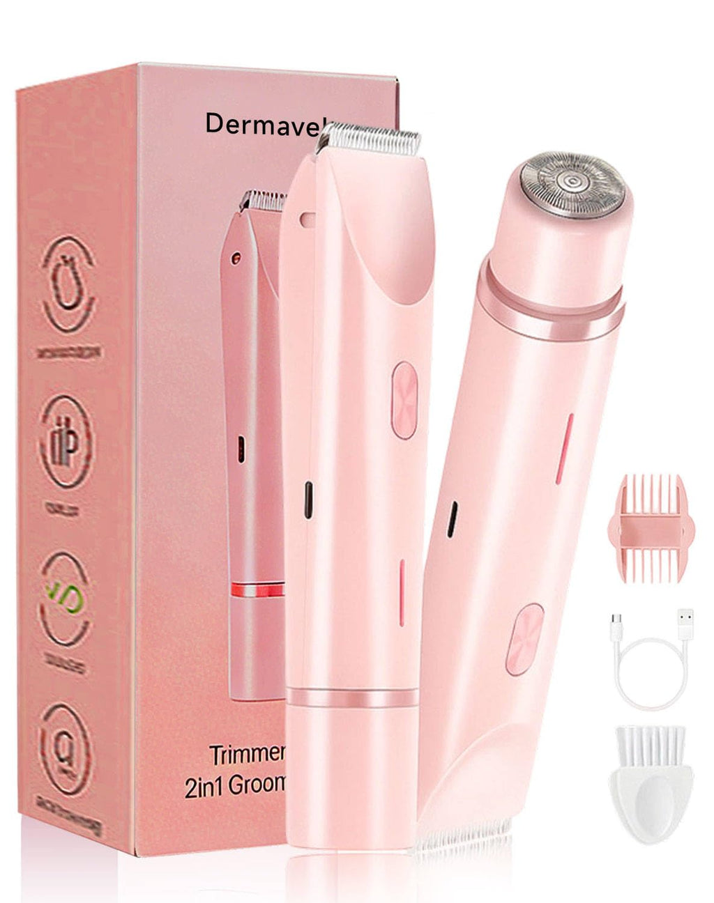 Dermavel Trimmer 2.0 Women, Ergonomic 2-in-1 Body & Facial Hair Trimmer, Luxury Skin Gentle Electric Razor, Waterproof Rechargeable Grooming Shaver for Smooth, Effortless Results, Skin Care (Pink)