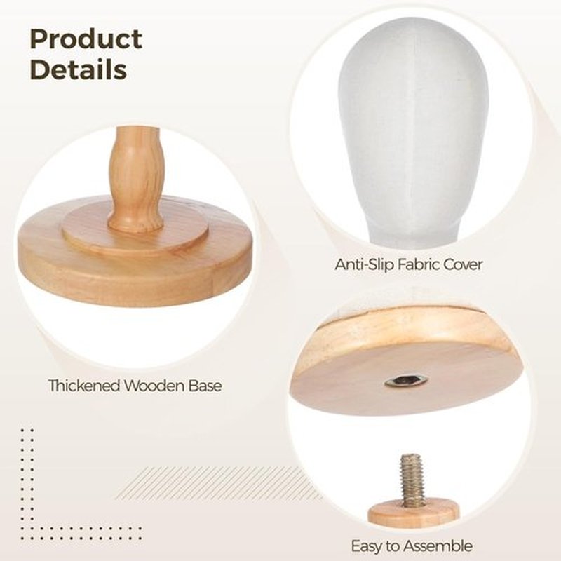 GOODColla White Wooden Mannequin Head Stand Canvas Wig Head Stand with Detachable Wood Stand Linen Hat Dispaly Model Head for Caps Mannequin Head with Detachable Wood Base