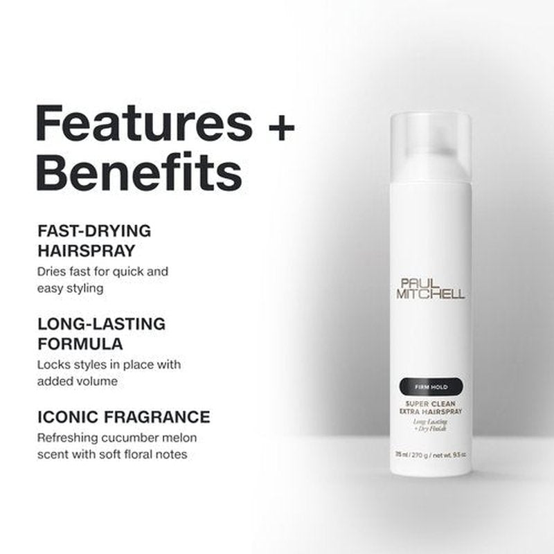 Paul Mitchell Super Clean Extra Hairspray, Long-Lasting, Firm Hold + Dry Finish, For All Hair Types, 2 oz