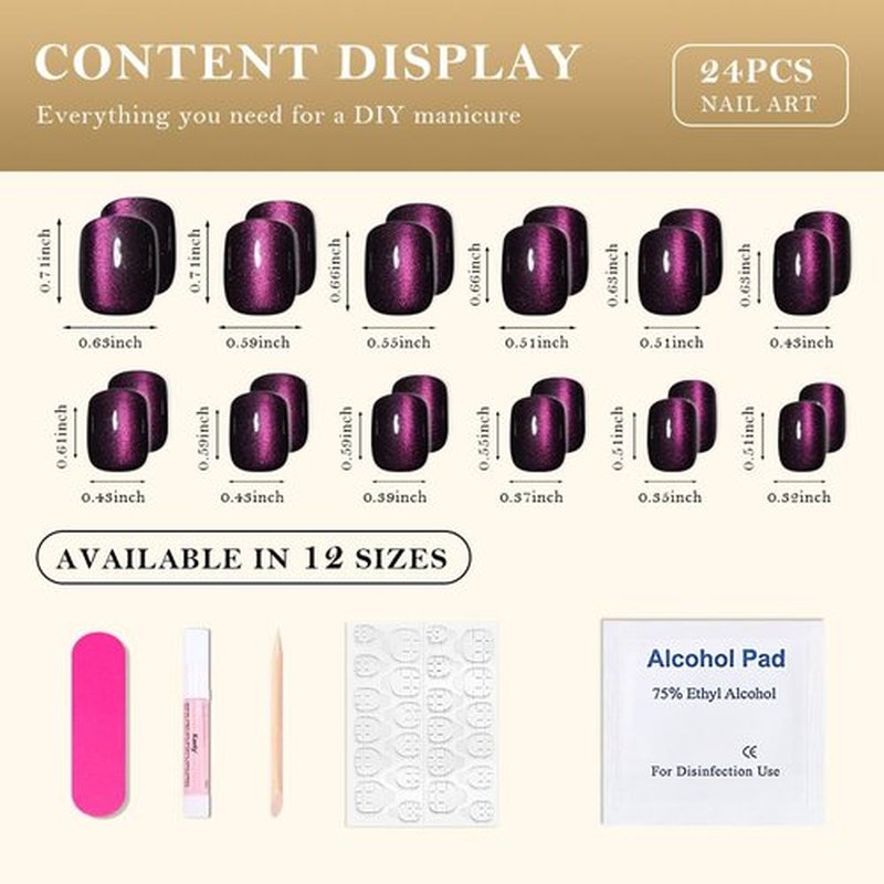 evpct Dark Purple Cat Eye Extra Short Square Press on Nails, Petite Short Square Stick on Nails for Women Gift, Holographic Chrome Glossy Fake Nail, Reusable Soft Press on Acrylic Nail with Designs