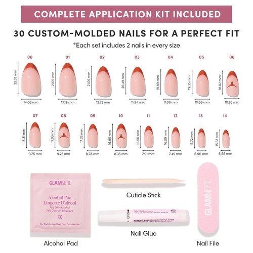 Glamnetic x Fanatics Press On Nails - Texas Longhorns | Short Almond Fake Nails, Collegiate Longhorns Orange French Tips, College Nails, Salon-Quality | 15 Sizes - 30 Nail Kit with Glue