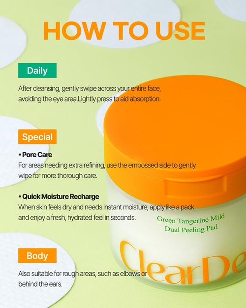 ClearDea Green Tangerine Dual Peeling Pad – Korean Exfoliating Toner Pads with 4HA Complex, Jeju Citrus Vinegar, Oil Control, Dual-Sided Texture, Hydrating & Smoothing, 50 Pads