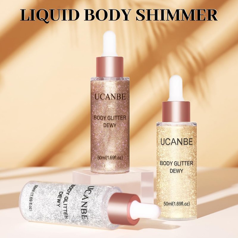 UCANBE Hydrating Body Glitter Dewy Highlighter Makeup Luminizer Drops Body Shimmer Liquid Face Glow Sparkles for Women Gifts (Rose Gold - 03)
