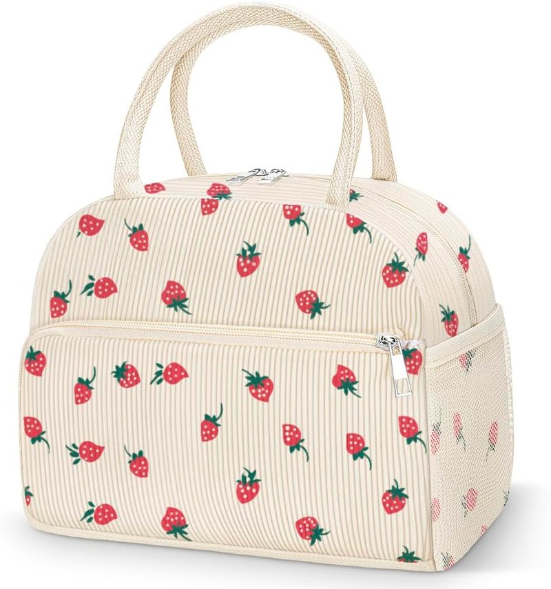 Coobiiya Corduroy Lunch Bag - Insulated Strawberry Tote for Work, Travel & Picnics | Large Capacity