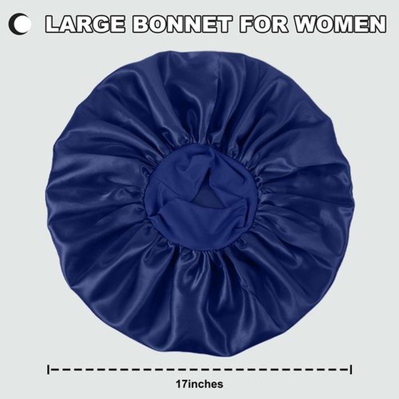 2 Pcs Extra Large Satin Hair Bonnet for Sleeping Cap 17 inches Jumbo Silk Sleep Bonnet for Women (Black & Blue)