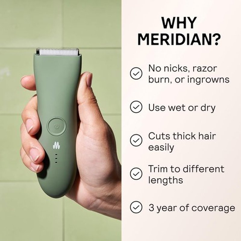 MERIDIAN Body Hair Trimmer - Waterproof Electric Shaver for Men | Rechargeable for Pubic, Chest, Legs & Bikini - Sage