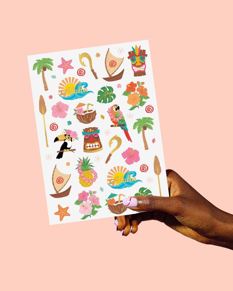 xo, Fetti Tropical Island Temporary Tattoos - 60 Gold Foil Pcs | Hawaiian Birthday Accessory, Bachelorette Luau Party Favor, Cute Kids Activity