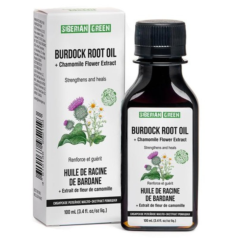Siberian Green Burdock Oil with Chamomile Extract – 100ml Burdock Root Oil for Hair Growth, Hair Thinning and Loss – Pure and Natural Siberian Herbs – Strengthening and Healing Hair Care