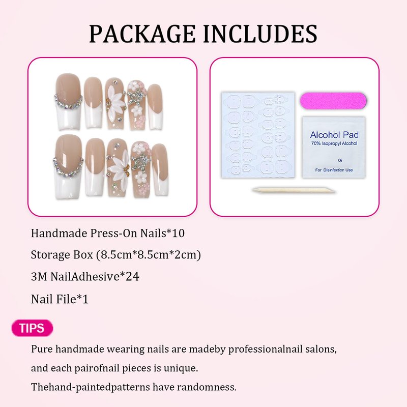 White French Tip Press on Nails Flower Handmade Press on Nails with Rhinestone Designs Long Coffin Shaped Fake Nails Full Cover Thick Acrylic and Muti-Layer Gel Stick on Nails for Women (M)