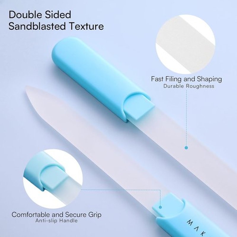 Makartt Glass Nail File - Double-Sided Sandblasted Crystal with Case | Reusable Portable Manicure Buffer - 1pc Blue