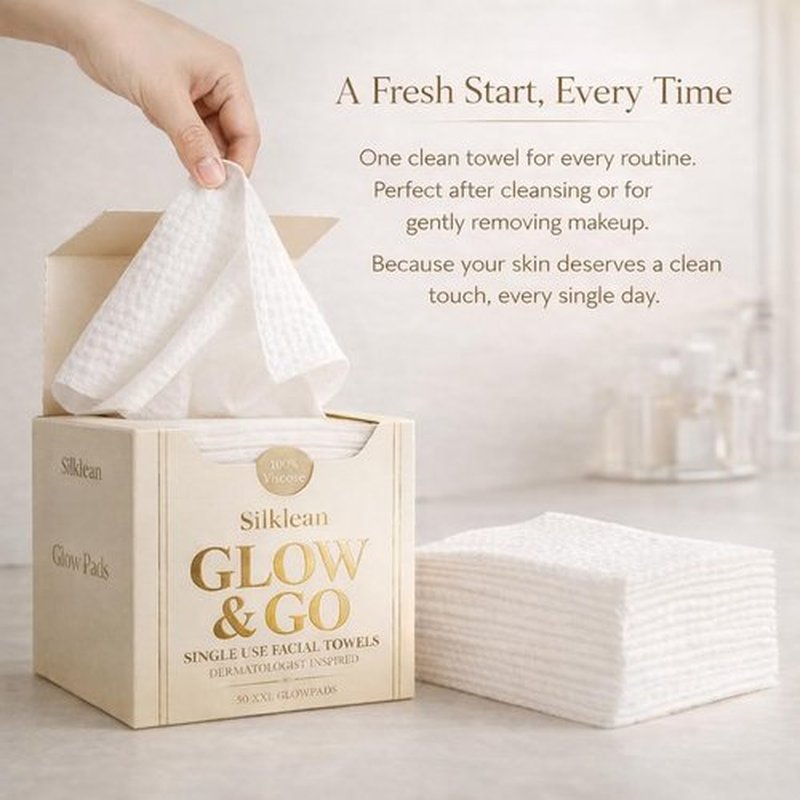 Silklean Glow & Go XL Disposable Face Towel 10x15 Inch, 100% Biodegradable Premium Towels for Fine Line Prevention & Radiant Skin, Chemical Free, 50 Count One Month Supply, 1 Pack