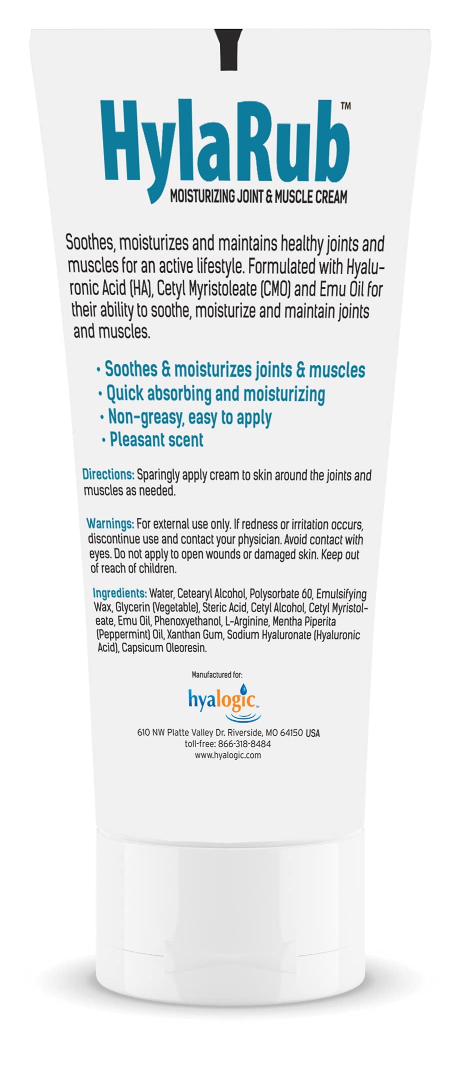 HylaRub HA Joint & Muscle Cream – Hyaluronic Acid Muscle Rub w/ Emu Oil & CMO – Non Greasy, Soothes, Moisturizes & Maintains Shoulders, Knees, Back, Hips & More 6 oz. by Hyalogic