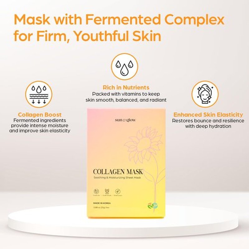 SUN & GLOW VEGAN COLLAGEN MASK Including Natural Elements Fermented 7-Layer Hyaluronic Acid Complex Soothing and Moisturizing Skin Korean Home Skincare Mask (0.88oz 25g 5Packs)