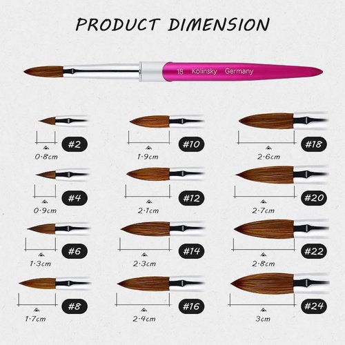 100% Pure Kolinsky Acrylic Nail Brush Size 12, Hair Acrylic Crystal Hot Red Pink with Silver Ferrule Round Shaped for Women Girls Manicure Tools Accessories