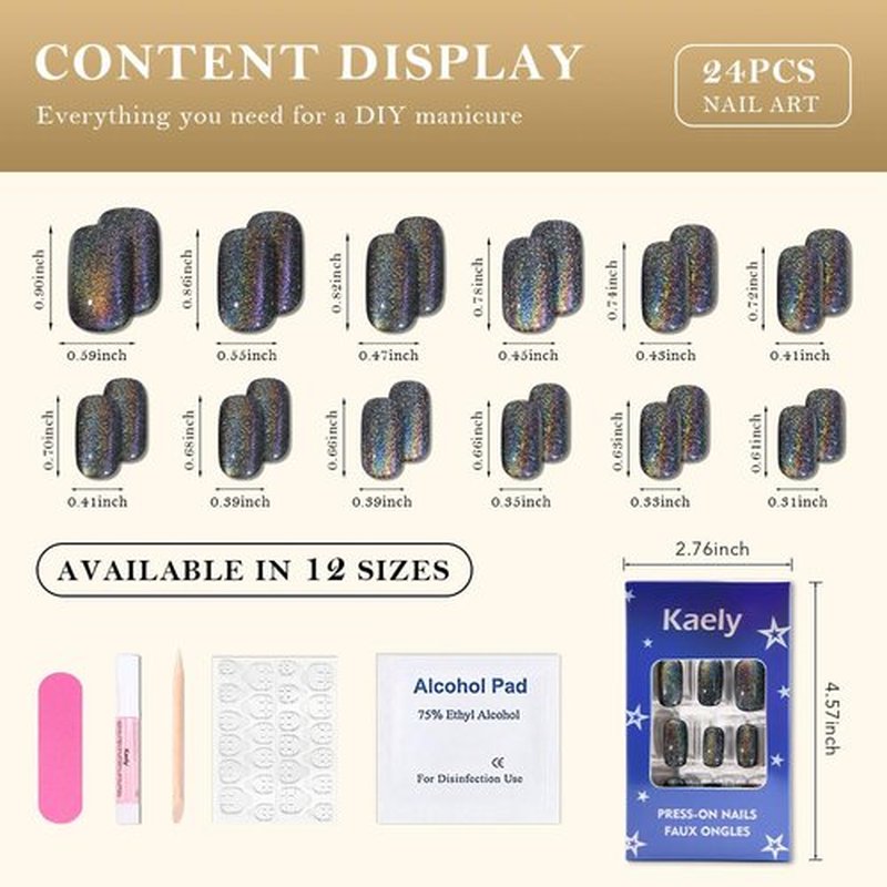 evpct Black Chrome Metallic Cat Eye Press on Nails Square Medium, Stick on Nails Medium Length Square for Women, Black Metallic Nail press ons, Iridescent Glitter Halloween Acrylic Fake Press on Nail
