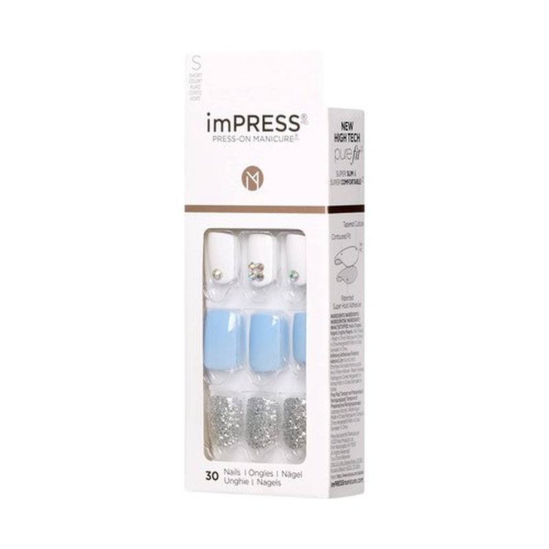 KISS imPRESS Press-On Manicure, Nail Kit, PureFit Technology, Short Press-On Nails, Square, I'd Rather Be, Includes Prep Pad, Mini File, Cuticle Stick, and 30 Fake Nails (Pack of 2)