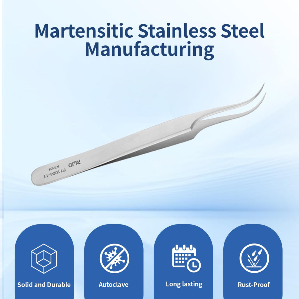 RWD IRIS Dressing Forceps 4.3", Martensitic Stainless Steel Medical Tweezers, 1mm Width Serrated Curved Tip, Micro Forceps Tweezer, Surgical Tweezer for High-Precision Handling (F11004-11)