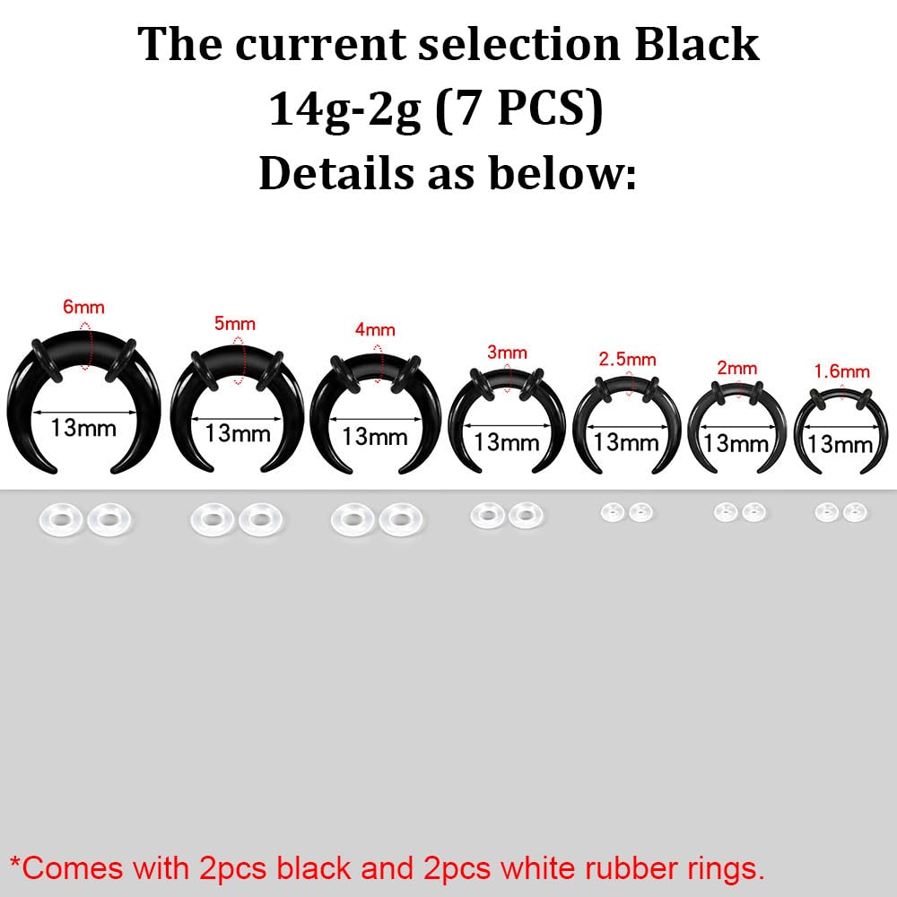 BOKABOO 7Pcs Glass C Shape Septum Stretching Kit Set - 14G to 2G, Buffalo Septum Retainers Rings, Pincher Tapers with O-Rings for Nose & Ear Piercing Jewelry (Black Color)