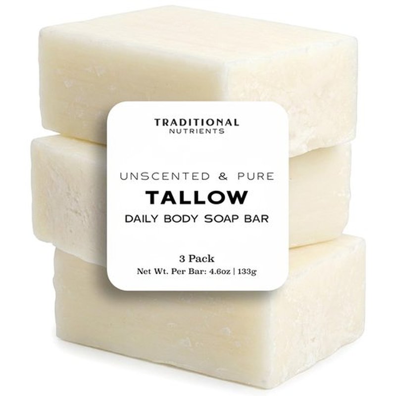 TRADITIONAL NUTRIENTS Unscented Beef Tallow Soap Bar, Grass Fed and Finished Tallow and Lye, 4.6oz Bar, Natural, Pure Suet Tallow (Pack of 3)