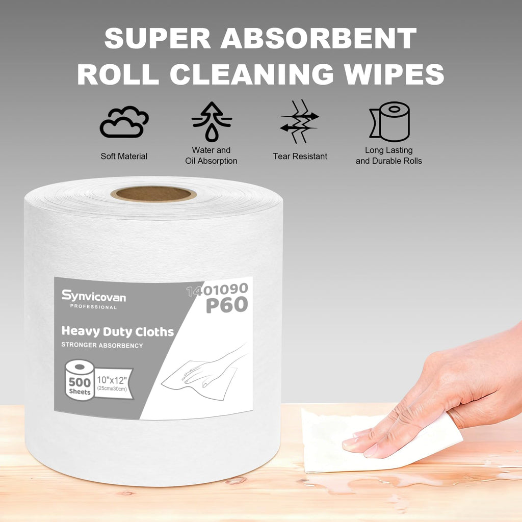 Synvicovan Jumbo Roll Industrial Cleaning Wipes, Super Absorbent Heavy Duty Cloths, White (1 Roll of 500 Sheets, 12"x 10" Each Sheet)