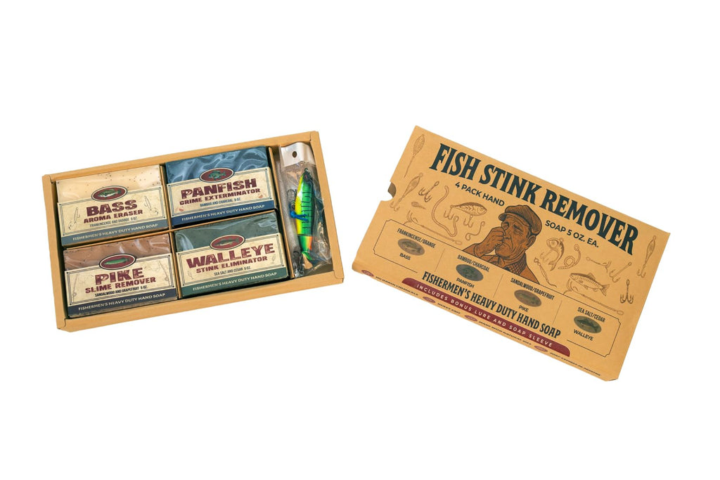 Father's Day Fishermen - 4 Pack Natural Heavy Grit Soap Gift Set – Great Smelling hand & body soap for fishermen. Includes topwater lure and soap sleeve. Fishing Gift Dad Father's Day, Birthday