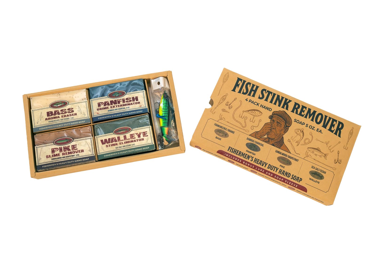 Father's Day Fishermen - 4 Pack Natural Heavy Grit Soap Gift Set – Great Smelling hand & body soap for fishermen. Includes topwater lure and soap sleeve. Fishing Gift Dad Father's Day, Birthday