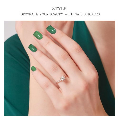 JMEOWIO Semi Cured Gel Nail Strips Green Cat Eye Gel Nail Stickers Nails Art Design Decoration Accessories