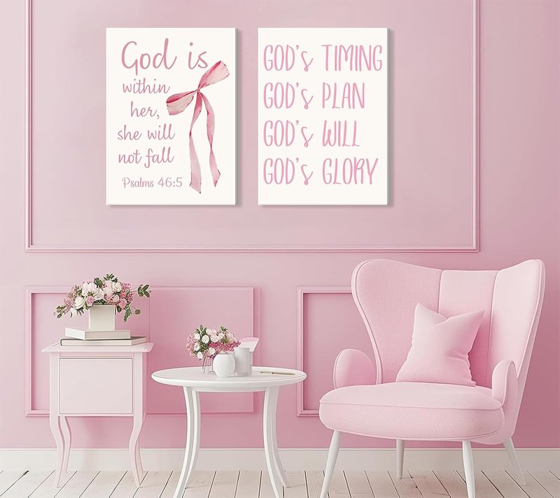 Coquette Pink Bow Canvas Wall Art - Inspirational Bible Verse Prints for Girls' Room | 12"x16" Framed Decor