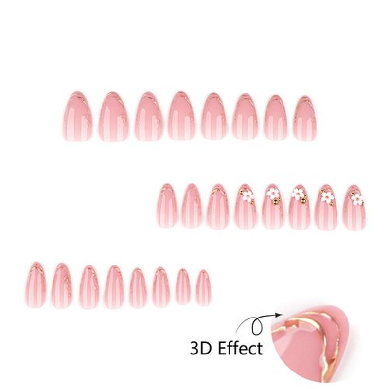 Nude Pink Flower Press On Nails 24PCS – Almond Soft Gel Fake Nails with Gold French Tips, Glossy Reusable False Nails, Elegant Floral Stick On Nails for Women, Salon-Quality Manicure at Home