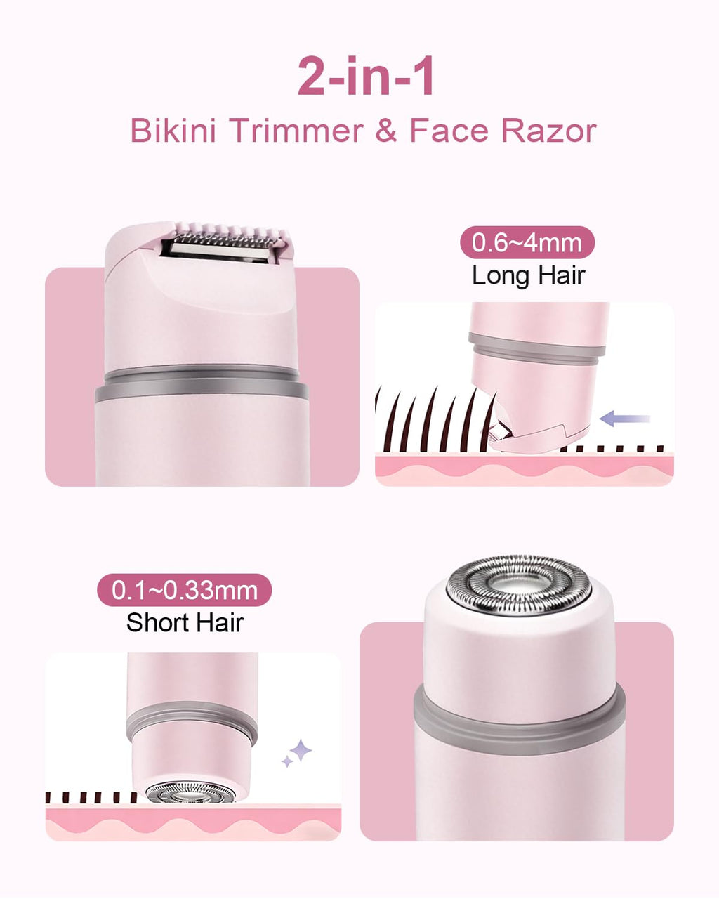 Unimiko 2-in-1 Bikini Trimmer for Women – Electric Shaver for Women, Womens Electric Razor & Trimmer for Sensitive Skin, Adjustable Comb, 100% Waterproof, Portable, USB Charge, Painless (Pink)