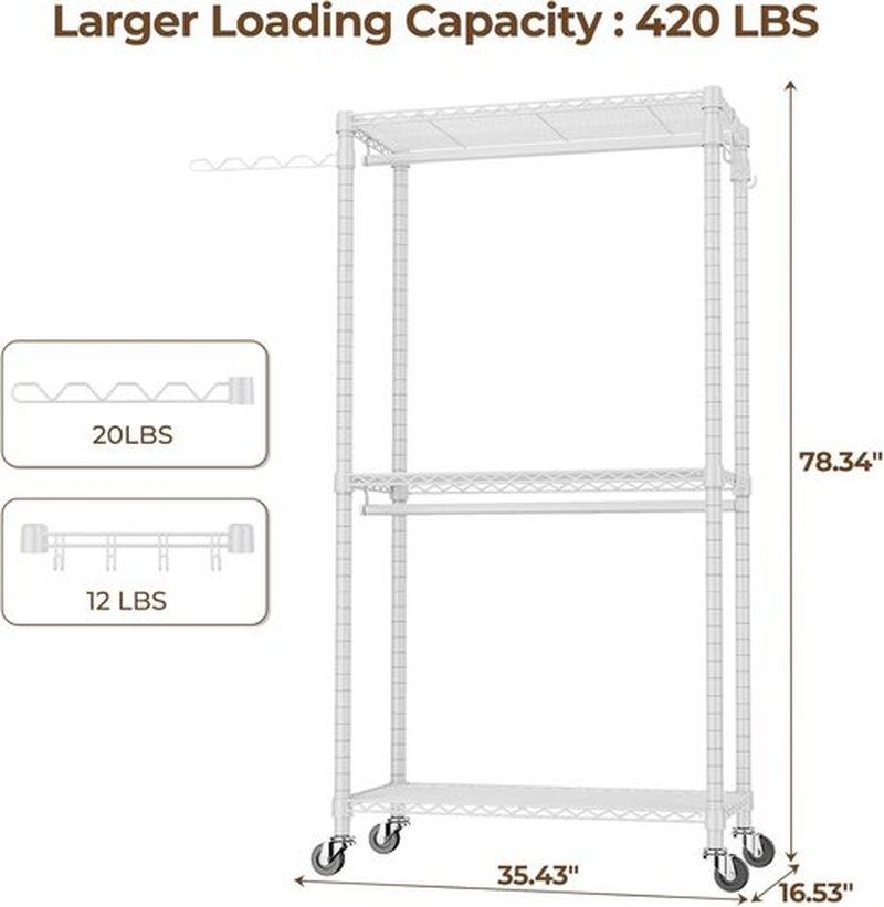 HYSEYY Portable Closet - Heavy Duty Adjustable Garment Rack with 4 Rods & Shelves | 73.6" L x 17.3" W x 76.4" H (White)
