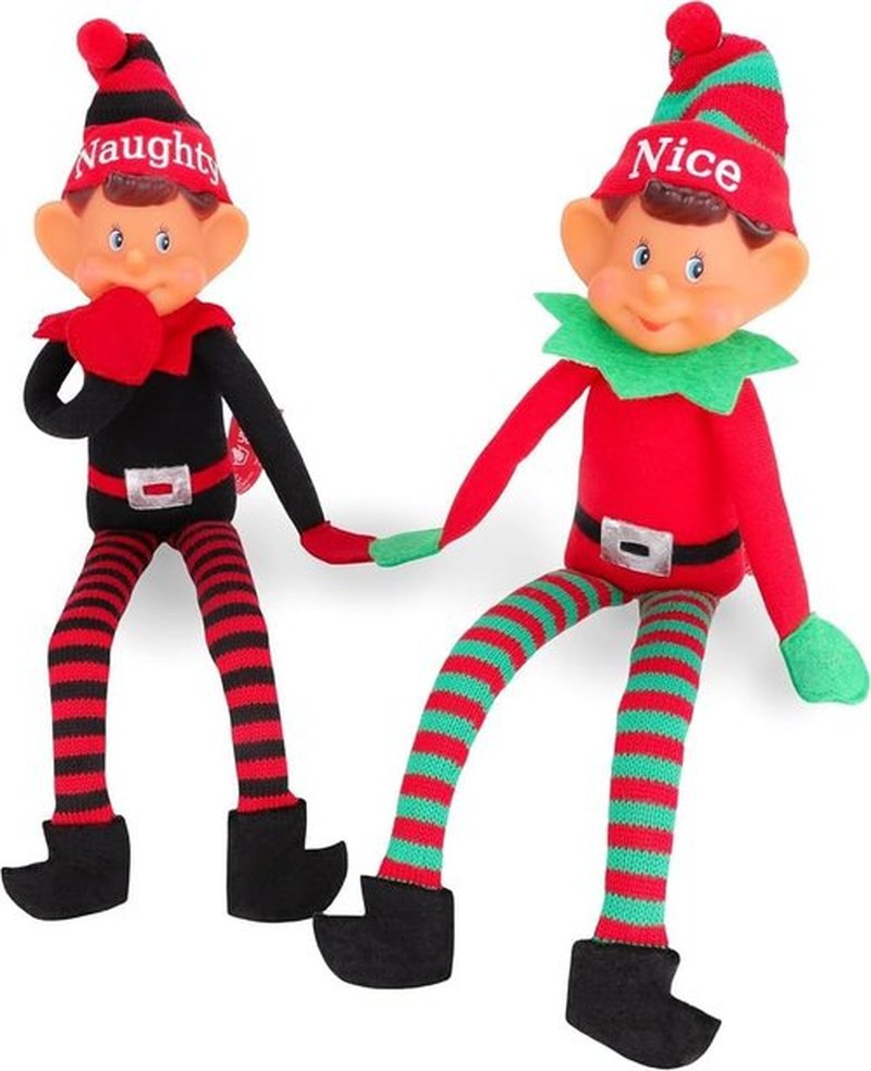 Toyland® Elf Soft Toys Twin Pack - 35cm Naughty & Nice Elves with Knitted Hats - Festive Fun Duo
