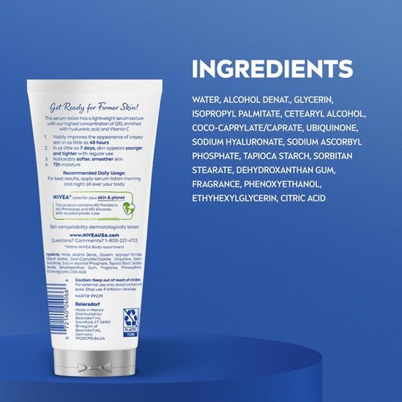 NIVEA Skin Firming & Anti Crepe Body Serum-Lotion with Q10, Hyaluronic Acid and Vitamin C, 72-Hour Moisture, 6.7 Fl Oz Tube