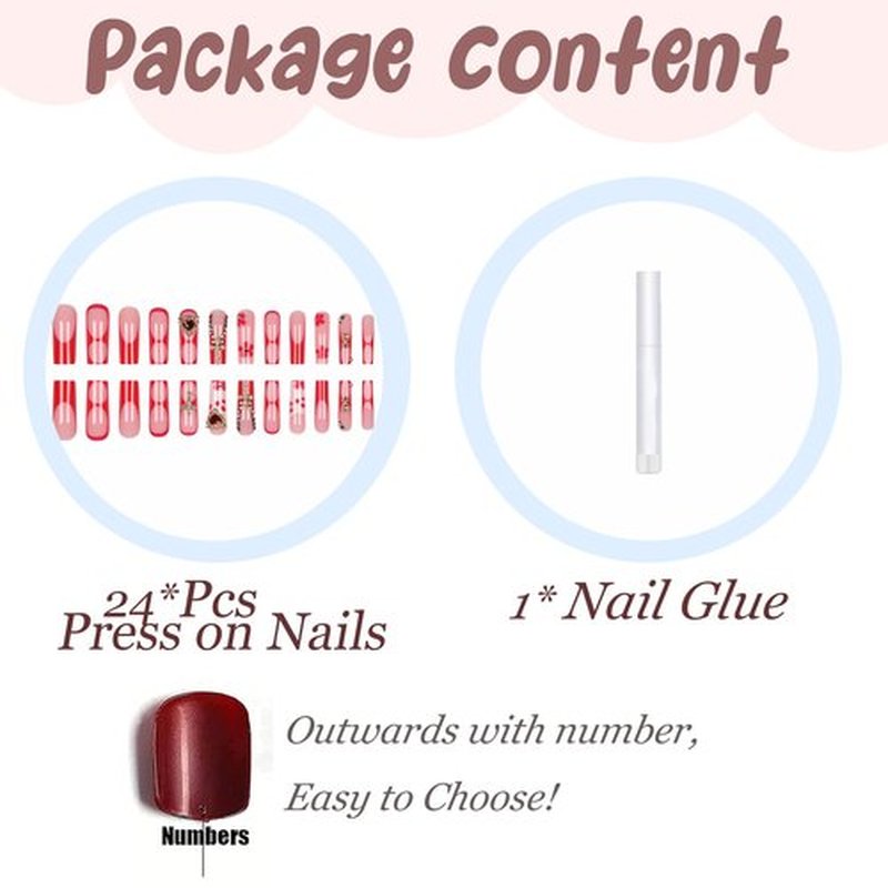 BABALAL Press on Nails Long Square Fake Nails Red French Tip Acrylic Nails Vintage Gold Cross Heart Charm Luxury Acrylic Nails 24pcs Squoval False Nails Supplies Y2k Goth Artificial Nails Art Diy