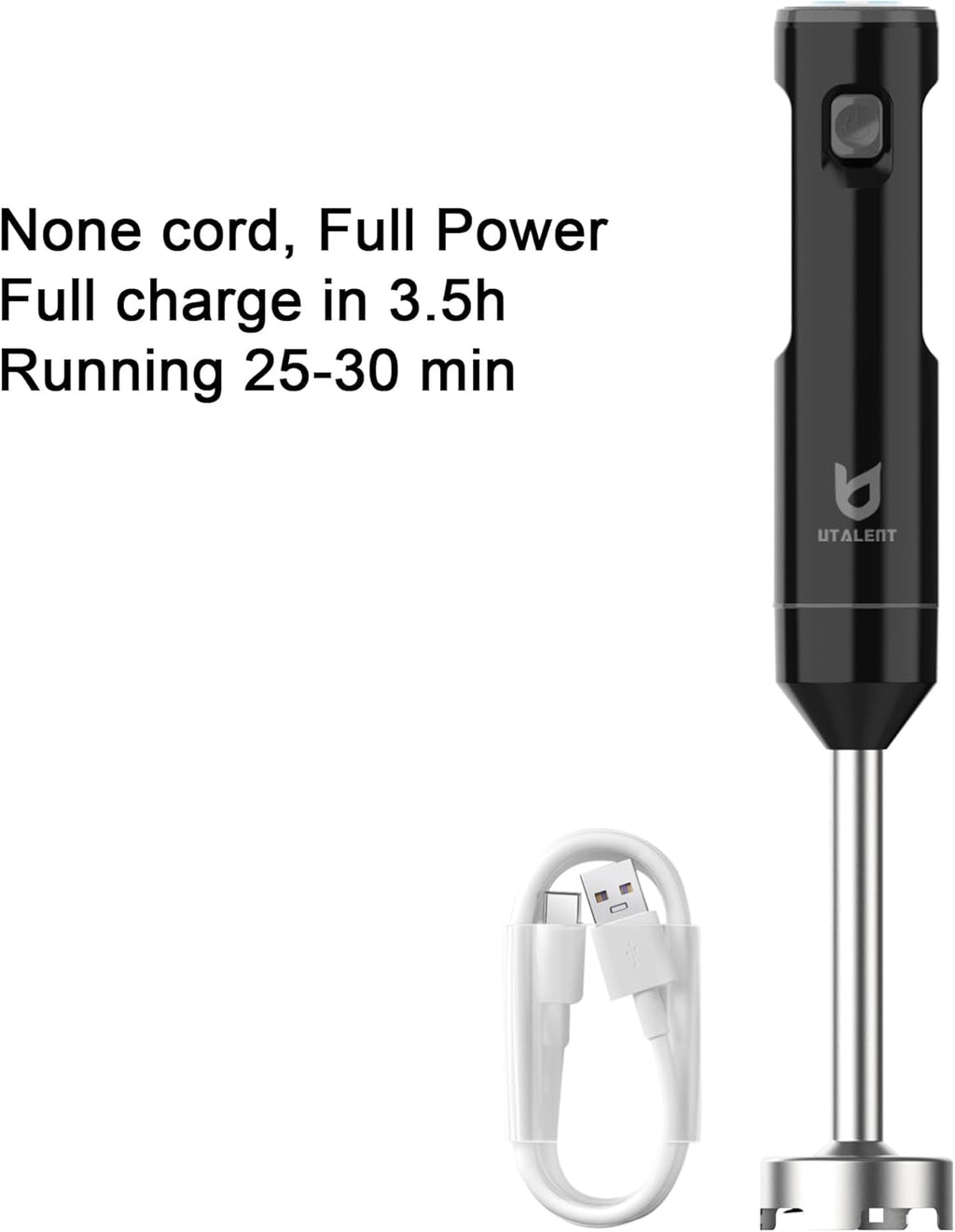UTALENT Cordless Hand Blender - Variable Speed Immersion Blender with 500ml Chopper & 600ml Container - Black