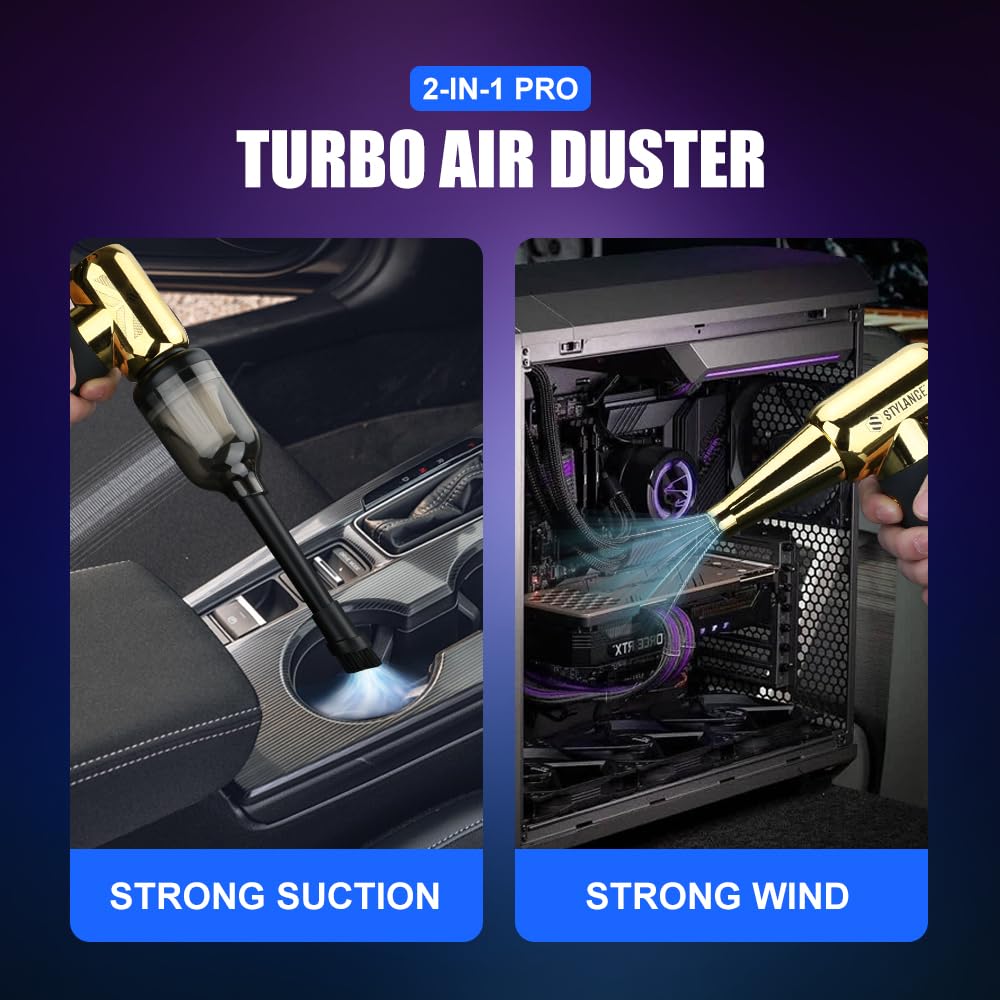 Compressed Air Duster - Barber Blower, Electric Duster, 3 Gear Mini Portable Jet Dry Air Blower, Cordless Vacuum Cleaner, for PC, Office,Salon, Fan, Laptop, Keyboard, Car (Gold)