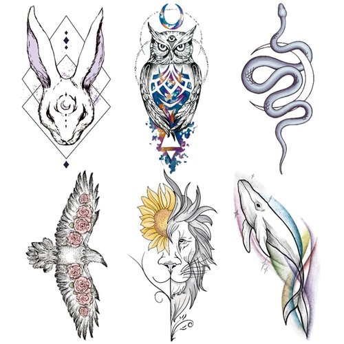 Oottati 6 Sheets Mystical Geometric Animal Temporary Tattoos for Adults, Rabbit Owl Snake Eagle Lion Whale Fake Tattoo Stickers, Waterproof Long Lasting Body Art for Arm Chest