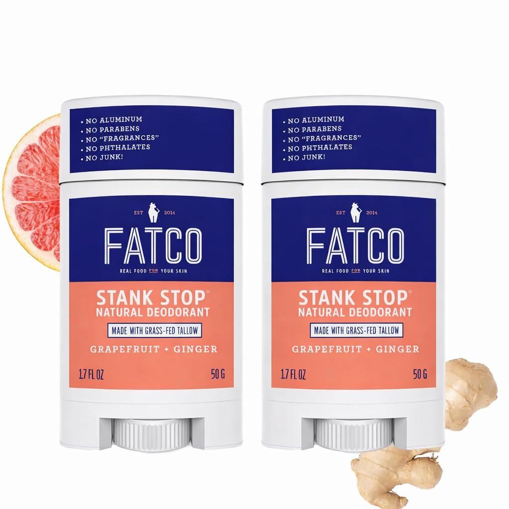FATCO Stank Stop All Natural Deodorant with Tallow and Organic Coconut Oil – Grapefruit + Ginger 2-Pack (1.7 oz)