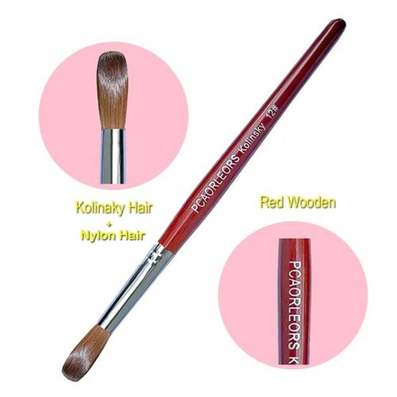 PCUORLEORS Acrylic Nail Brush with Pure Kolinsky Sable Hair and Red Wood Hand, Round/Flat Professional Gel Brush for Acrylic Power and Nail Extension Size #8,10,12 (2Pack(#12))