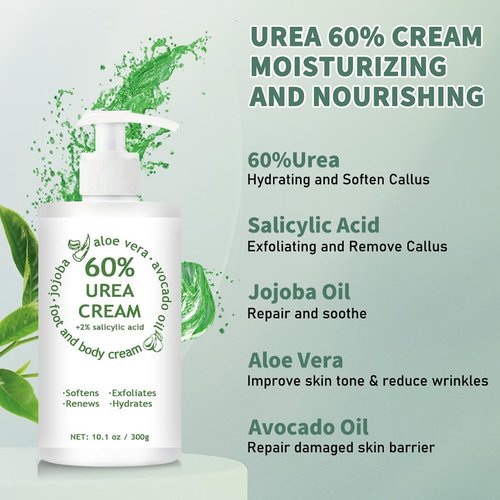 60% Urea Cream Maximum Strength, 10.1 oz - Foot & Hand Cream for Dry Cracked Skin, Callus Remover, with 2% Salicylic Acid - Deep Moisturizer for Cracked Heels, Rough Elbows & Knees - Fast Absorbing