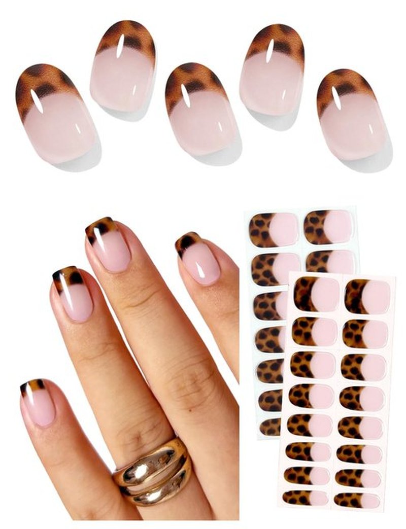 AutyaMee Semi Cured Gel Nail Strips (leopard French), 30 Pcs Gel Nail Wraps, Stickers, Long Lasting, Works With Any UV Lamps