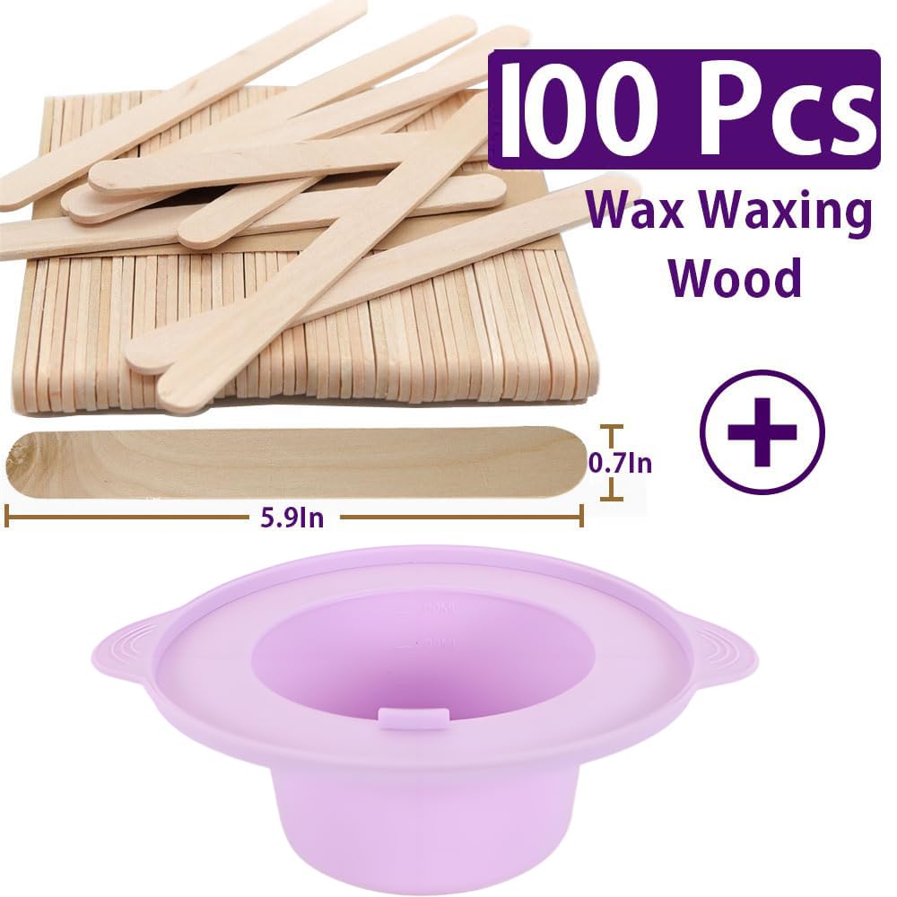 14 oz Silicone Wax Warmer Liner, Silicone Wax Bowl for Wax Warmer, Non-Stick Wax Melt Warmer Wax Pot, Reusable Wax Melt Liner with 100 Pcs Waxing Sticks Body Hair Removal Sticks (2pcs Purple)