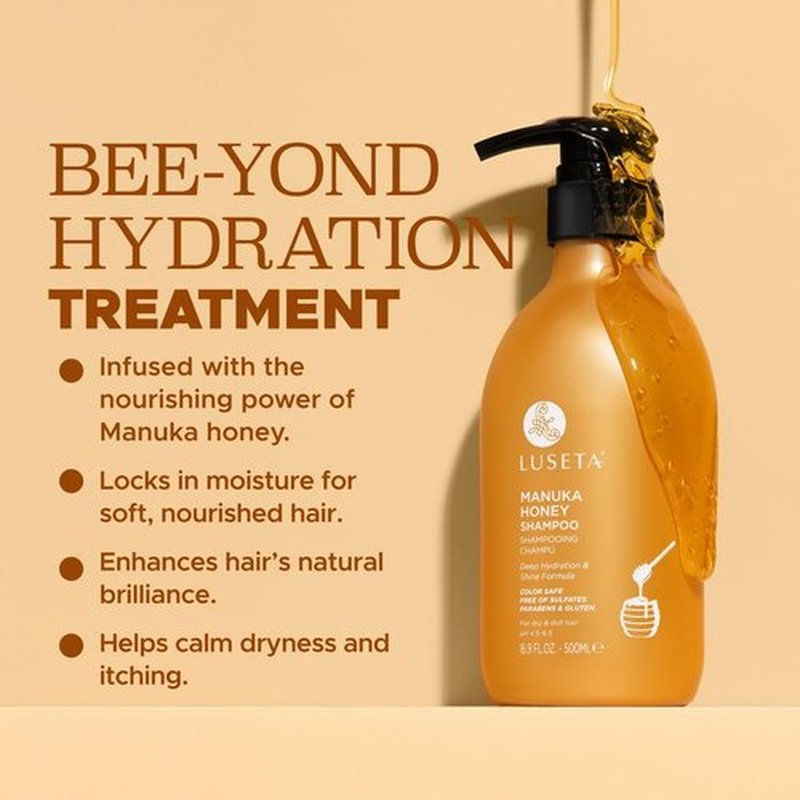 Luseta Manuka Honey Shampoo - Moisturizing Formula for Dry, Damaged Hair | Hydrates & Adds Shine - 16.9oz