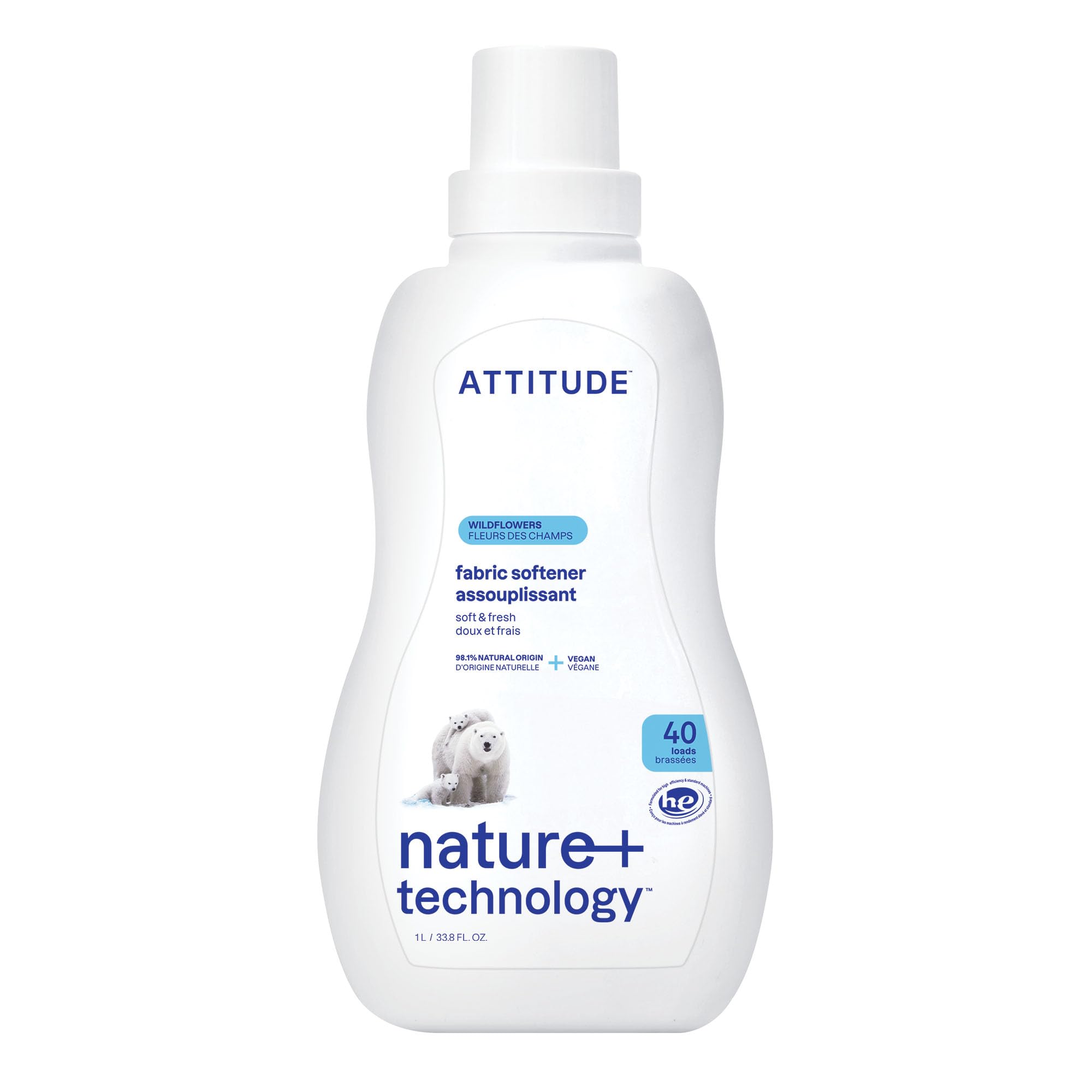 ATTITUDE Liquid Fabric Softener, Plant-Based & Vegan, HE Compatible, Naturally Derived, Wildflowers Scent, 40 Loads, 33.8 Fl Oz