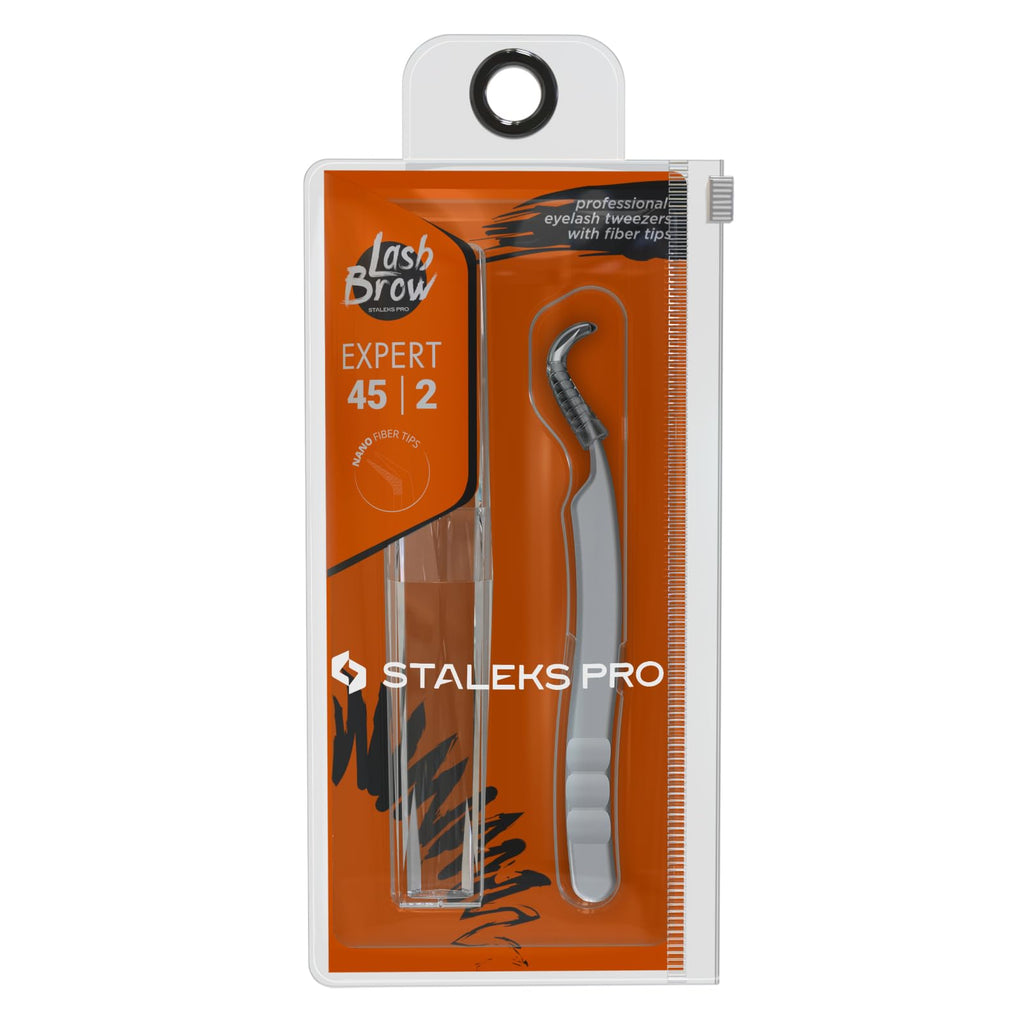 STALEKS PRO Expert 45 Type 2 Professional Eyelash Tweezers (L-Shaped 40°) – Stainless Steel with Nano-Notches for Volume & Mega-Volume Lash Extensions & Enhanced Visibility