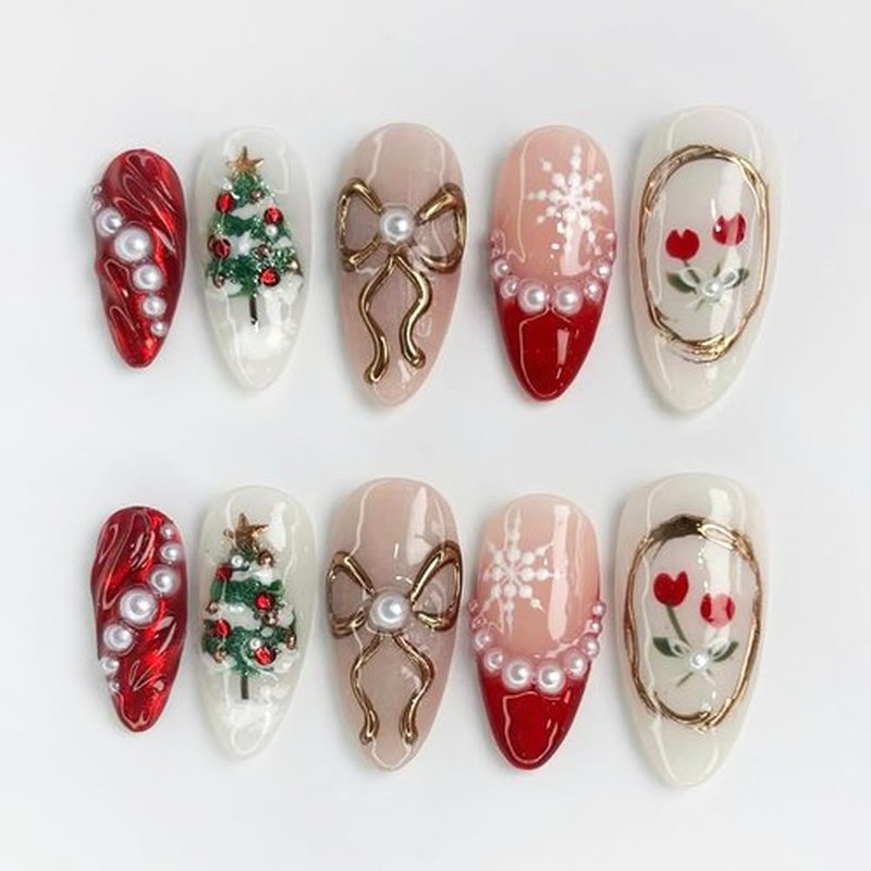 30Pcs Christmas Press on Nails Medium Almond Fake Nails Red French Tip Nails with Pearl Rhinestones Design 3D Bow False Nail Xmas Tree Flower Acrylic Nail Christmas Snowflake Glue on Nail for Women