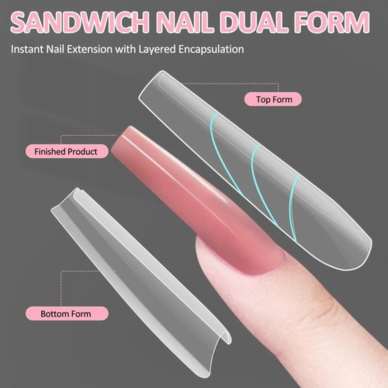 Sandwich Nails Dual Forms - 240Pcs Slim T-Shape Nail Mold for Quick Nails Extension, No Paper Forms Needed, 15 Sizes Plastic Form, Salon Nail Art Tools