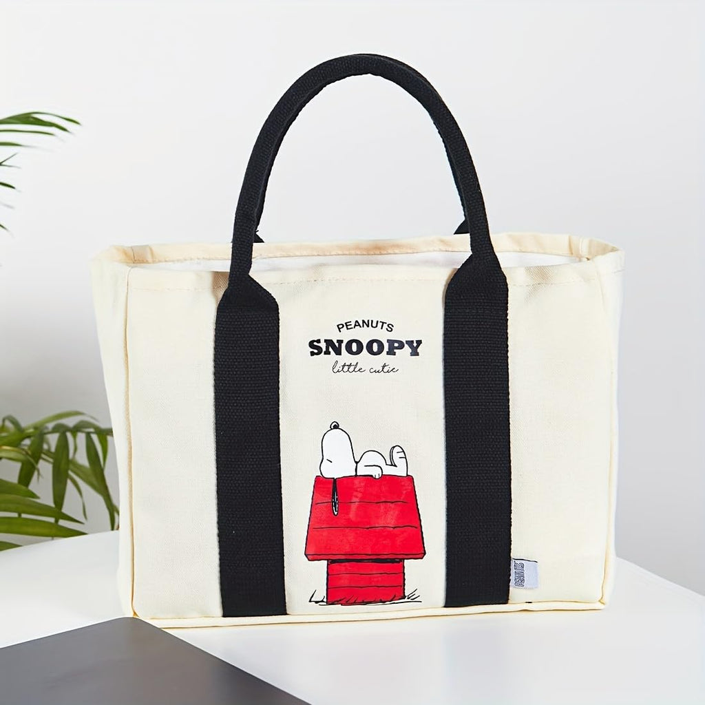 MINISO Snoopy Tote Bag,Peanuts Summer Travel Series Lightweight Canvas Handbag, 11.4" Multipurpose Use Grocery and Carry Bags for Men Women, Beige